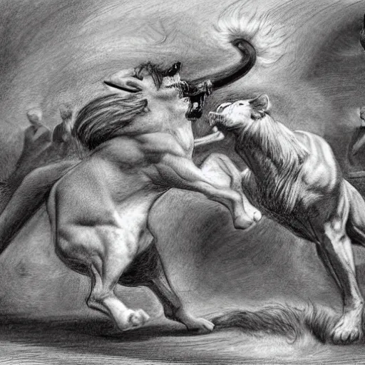 Image similar to hero fighting against a lion in the middle of an arena, crowd of people, pencil art, added detail, high definiton