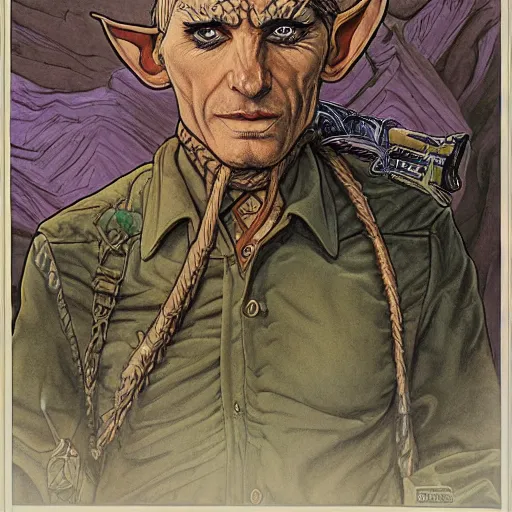 Image similar to Kethlan the elven desert bandit. Epic portrait by james gurney and mœbius.