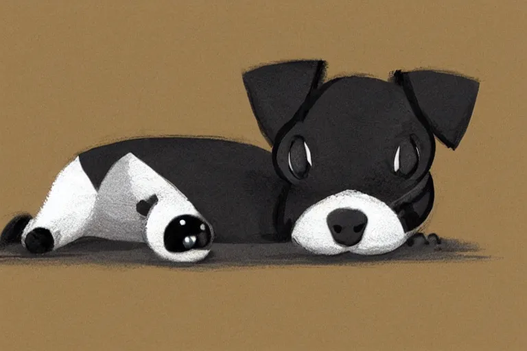 Image similar to cute black and white jack russel terrier laying on dog bed, large round eyes, concept art, game art, character design, fantasy illustration, sketch by cory loftis and bill schwab