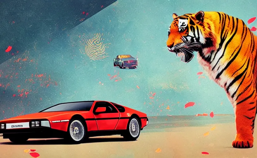 Image similar to a red delorean with a yellow tiger, art by hsiao - ron cheng in a magazine collage style, # de 9 5 f 0