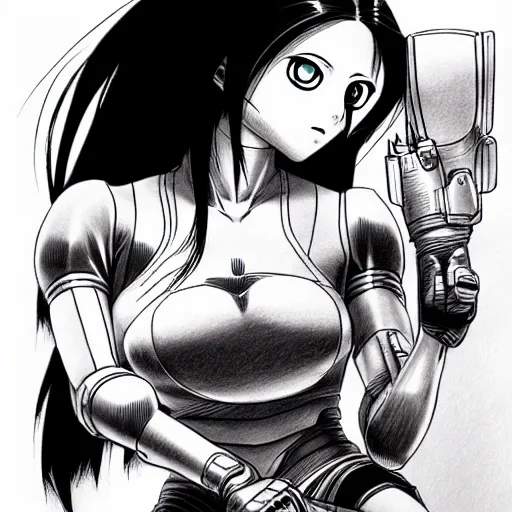 Image similar to alita by yukito kishiro. medium shot. black and white manga. pencil drawing.