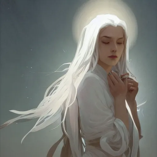 Image similar to woman, white clothed, white hair, daoist, artstation, concept art, style of greg rutkowski and alphonse mucha