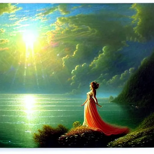 Image similar to an elegant fairy queen in a blue lace dress dancing looking out at a lord of the rings scenery landscape, staring across the sea at a white timber sail boat, sunrise, god's rays highly detailed, vivid colour, soft clouds, floral sunset, cinematic lighting, perfect composition, gustave dore, derek zabrocki, greg rutkowski, belsinski