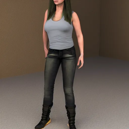 Prompt: ashlyn peaks in tech wear clothing, full body 3 d render