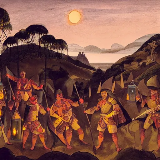 Image similar to A group of armoured Spanish conquistadors holding lanterns on a sandy beach Cove in middle of a magical forest in a dark night. Inca ruins in the background. Pale crescent moon in the sky. Painting by Michelangelo