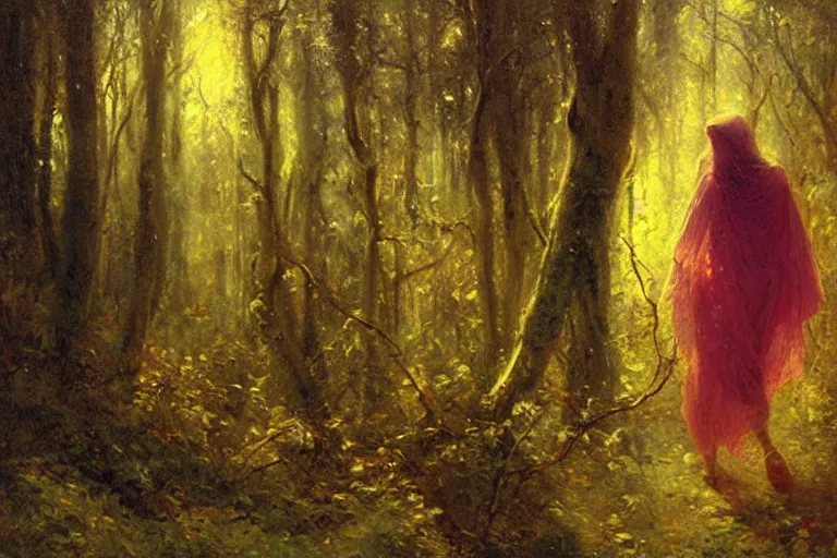 Prompt: illustration of a woman in a yellow hooded sweatshirt walking through a tangled forest in the astral plane. art by gaston bussiere.