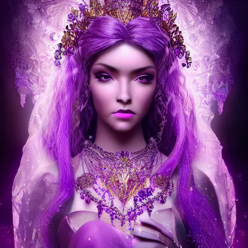 Image similar to portrait princess of amethyst, glowing, ornate and intricate purple jewelry, jaw dropping beauty, glowing background lighting, purple accent lighting, hyper detailed, fairy tale, 4 k octane render