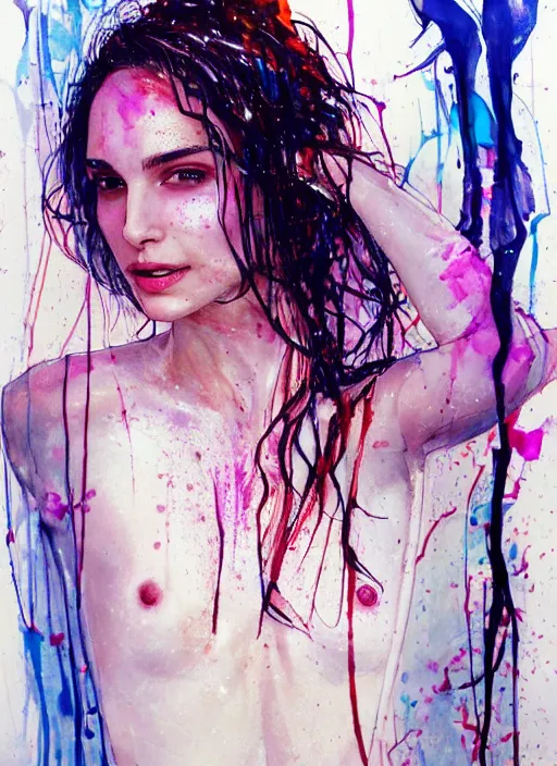 Prompt: sexy seducing smile nathalie portman in the shower by agnes cecile, half body portrait, extremely luminous bright design, pastel colours, ink drips, autumn lights