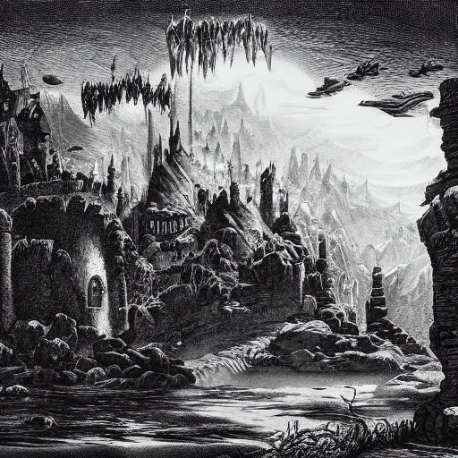 Image similar to impressive fantasy landscape, pure b & w, etching illustration, masterpiece