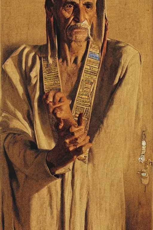 Image similar to a closer personal portrait of a a very old egyptian temple priest with very piercing eyes, very charismatic. in ancient egypt. masterpiece, ciaroscuro. painted by carl larsson