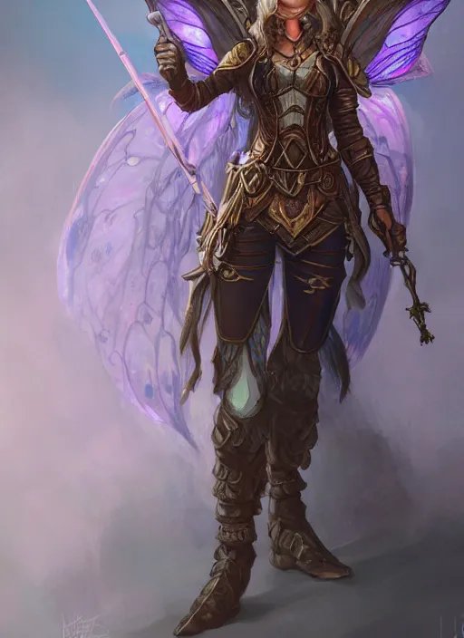 Prompt: dungeons and dragons art design of a fairy artificer, concept art, intense, illustration, digital painting, highly detailed, fantasy, trending on artstation,