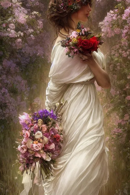 Image similar to beautiful natural bride wearing flowers in hair and carrying a rose bouquet walking down a misty path, intricate, elegant, highly detailed, digital painting, artstation, concept art, smooth, sharp focus, illustration, art by artgerm and greg rutkowski and alphonse mucha