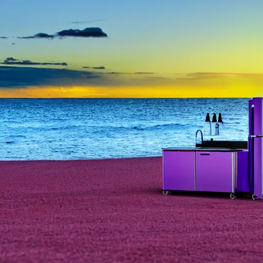 Image similar to purple refrigerator on red sand beach, green ocean and nebula sunset