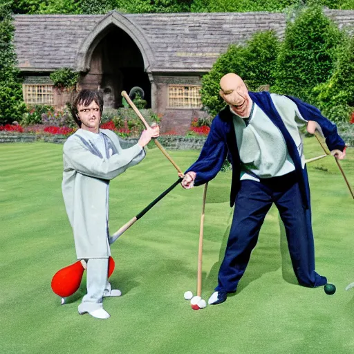 Image similar to Harry Potter and Voldemort play croquet in the garden at hogwarts