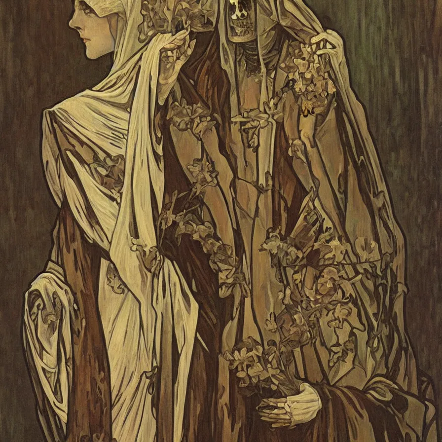 Image similar to a Masterpieces portrait of a skeleton nun in the style of Alphonse Mucha,Realistic style,oil on canvas