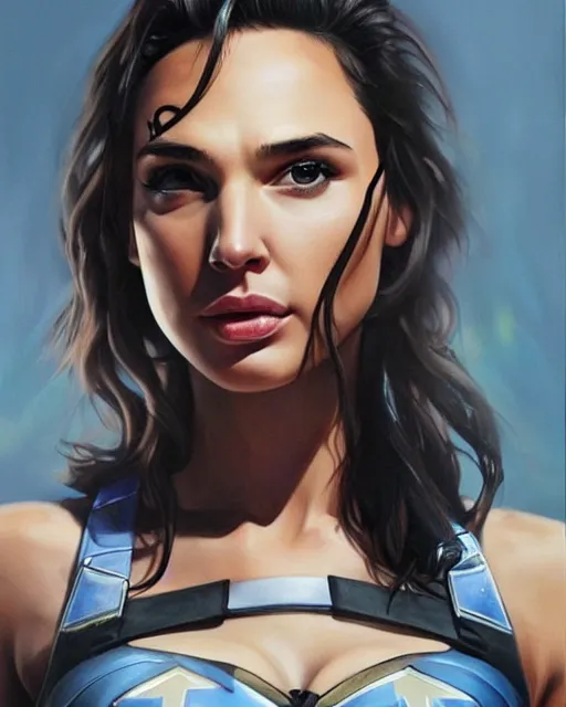 Prompt: hyper realistic painting of gal gadot in a police uniform, hyper detailed, anime, by clay mann, trending on artstation