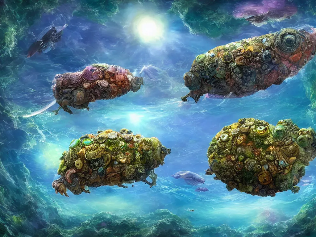 Prompt: microcosmos creatures rendered larger than life, giant tardigrade swimming underneath a small boat in an ocean, bird's eye perspective, digital art, unreal engine, thomas kinkade