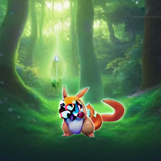 Image similar to beautiful digital fantasy illustration of a hyperrealistic pokemon evolving into a demon, cute smiling attractive pokemon, the trees of a flowery woodlands glistens as the morning sun touches its leaves with her gentle rays. pokemon of various shapes, sizes, and colors walk through the forest by alena aenami and arthur adams, octane render, detail texture, unreal engine, 8 k