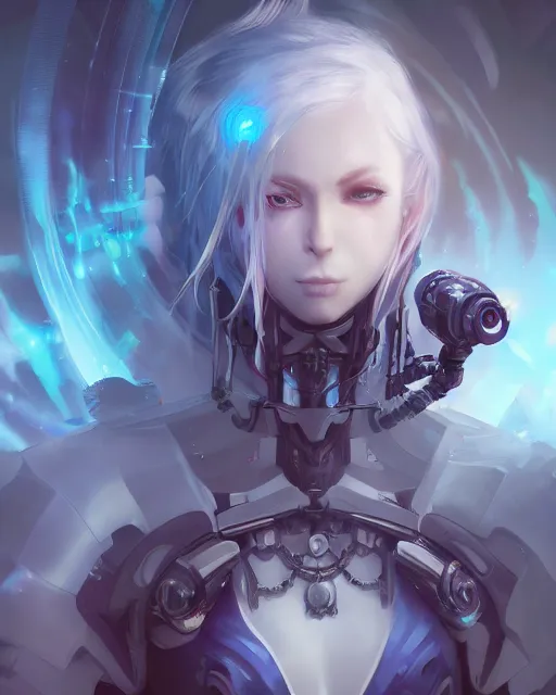 Image similar to holy cyborg necromancer girl, elegant, scifi, futuristic, utopia, garden, illustration, atmosphere, top lighting, blue eyes, white hair, focused, artstation, highly detailed, art by yuhong ding and chengwei pan and serafleur and ina wong