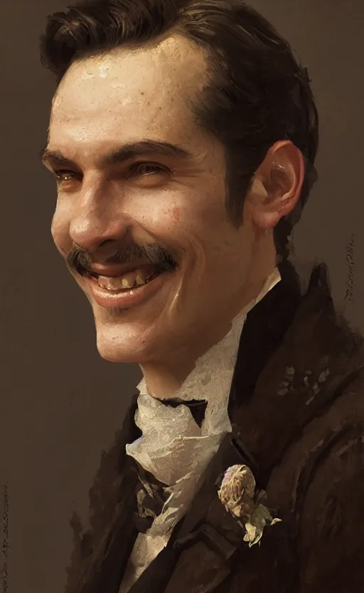 Prompt: Portrait of a smiling victorian aristocrat, male, cheerful, happy, detailed face, victorian, highly detailed, cinematic lighting, digital art painting by greg rutkowski