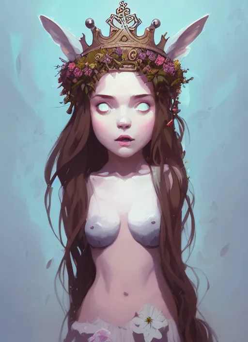 Prompt: portrait of cute nymph girl with crown of flowers with celtic tattoos, fantasy, by atey ghailan, by greg rutkowski, by greg tocchini, by james gilleard, by joe gb fenton, by in kaethe butcher, dynamic lighting, gradient light blue, brown, blonde cream and white color in scheme, grunge aesthetic
