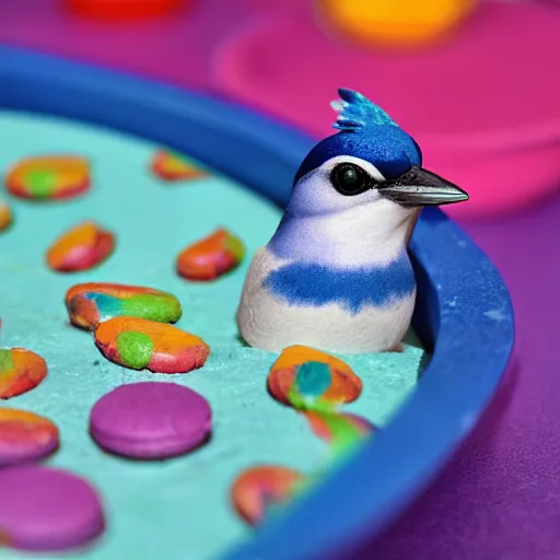 Image similar to A photograph of a (photorealistic blue jay) standing on a large basket of rainbow macarons.