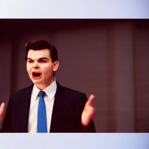 Prompt: photo of nick fuentes giving a speech, cinestill, 800t, 35mm, full-HD