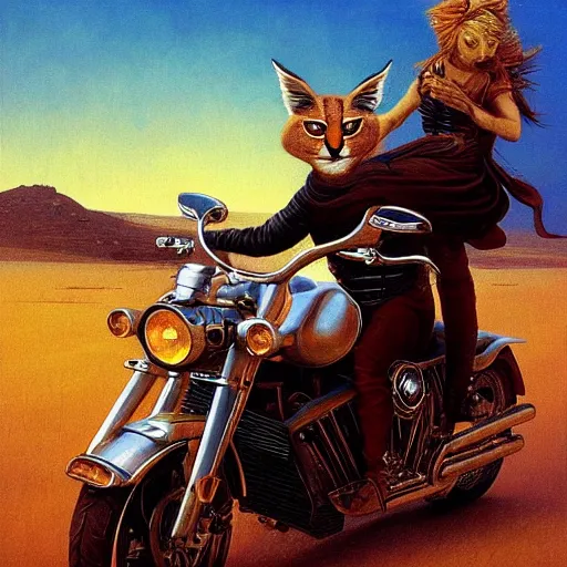 Image similar to a detailed painting of a cute caracal riding a harley davidson motorcycle. movie scene, cinematic scene, sunset, road. by beksinski and carl spitzweg and tuomas korpi. baroque elements. baroque element. intricate artwork by caravaggio. oil painting. award winning. trending on artstation. 8 k