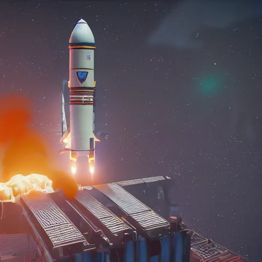 Image similar to fortnite rocket launch to the space station, 3 d render, unreal engine 4, high quality