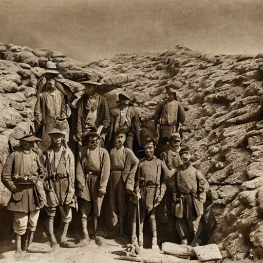 Image similar to ultra detailed photorealistic sepia - toned photo from 1 9 1 7, a small group of british soldiers standing with bedouin traders in traditional arab garb, at an archaeological dig site in wadi rum, ultra realistic, painted, intricate details, lovecraft, atmospheric, dark, horror, brooding, highly detailed, by clyde caldwell