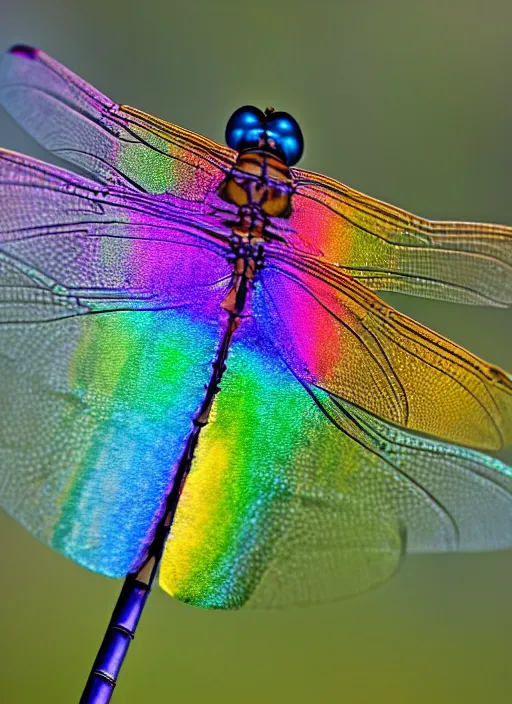 Prompt: dragonfly rainbow wing, natural light, photography, 300mm,high detail