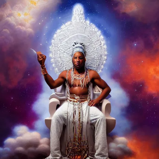 Image similar to obatala the cosmic god sitting on a throne of nebula clouds, by Adi granov, matte painting, orisha, 8k, hd