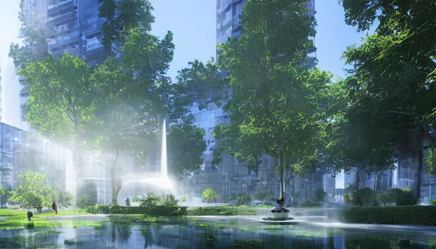 Image similar to futuristic pariss with green square, trees and a fountain, sunny day, reflections, volumetric lights, white buildings, offices, apartments, hyperdetailed, artstation, cgsociety, 8 k