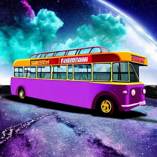 Prompt: Soviet era bus in space in front of a purple nebula