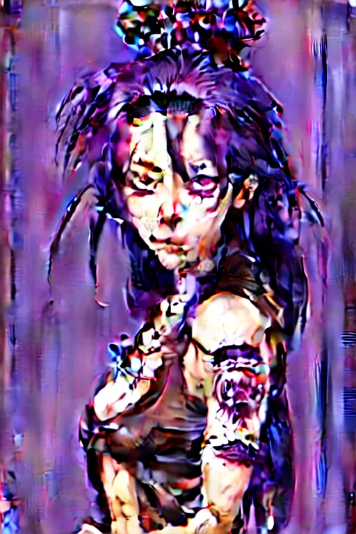 Image similar to a portrait of dilraba dilmurat as revy from black lagoon, smirk, black tank top, jean shorts, brown eyes, purple hair, tribal tattoo sleeve right arm, symmetrical eyes, symmetrical face, art by lois van baarle and loish and ross tran and rossdraws and sam yang and artgerm