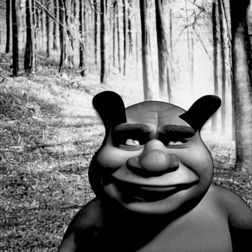 Prompt: shrek b & w trail cam, scary, found footage