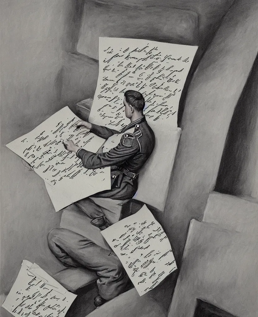 Image similar to a beautiful painting of a soldier's hand writing a letter to home with wwii in background, black and white, painted by escher