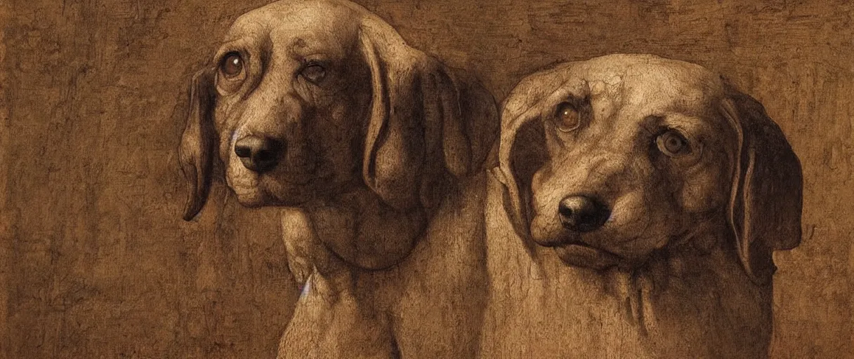 Image similar to studio portrait of a wizened old dog; extremely detailed; oil painting by Leonardo da Vinci