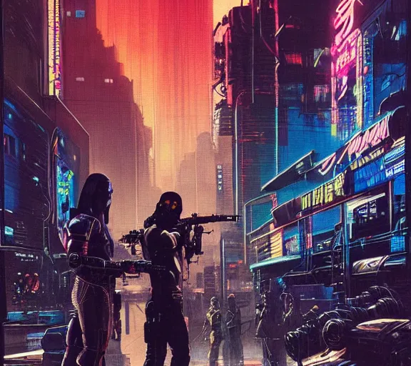 Image similar to a portrait of a cyberpunk epic Friday night firefight, Night City, cyberpunk 2077, very very coherent painting, 1979 OMNI Magazine Cover, street level neo-Tokyo in Cyberpunk 2045 style by Vincent Di Fate by mark arian by artgerm in the style of ((Gustave Dore)), 4k, 8k, HD, trending on artstation