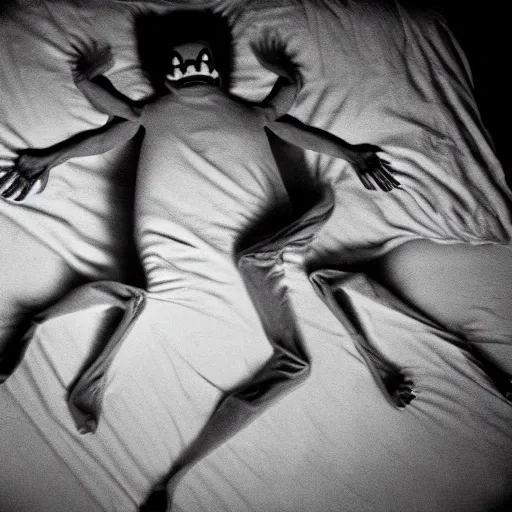 Prompt: horrifying sleep paralysis demon at the foot of the bed, creepy, eerie, dimly lit, night