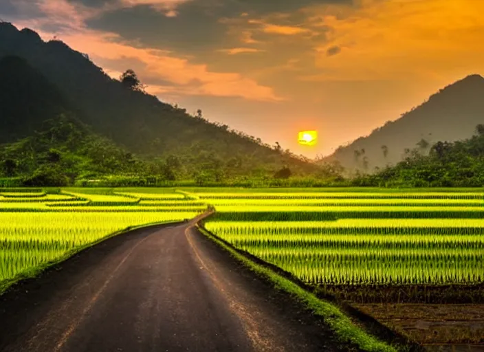 Prompt: a road between rice paddy fields, two big mountains in the background, big yellow sun rising between 2 mountains, indonesia national geographic, award winning dramatic photography