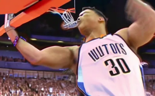 Image similar to totoro dunking over russell westbrook, nba broadcast