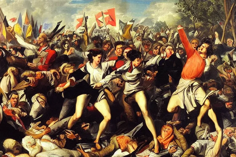 Image similar to protesters riot against war, in style of Karl Bryullov,