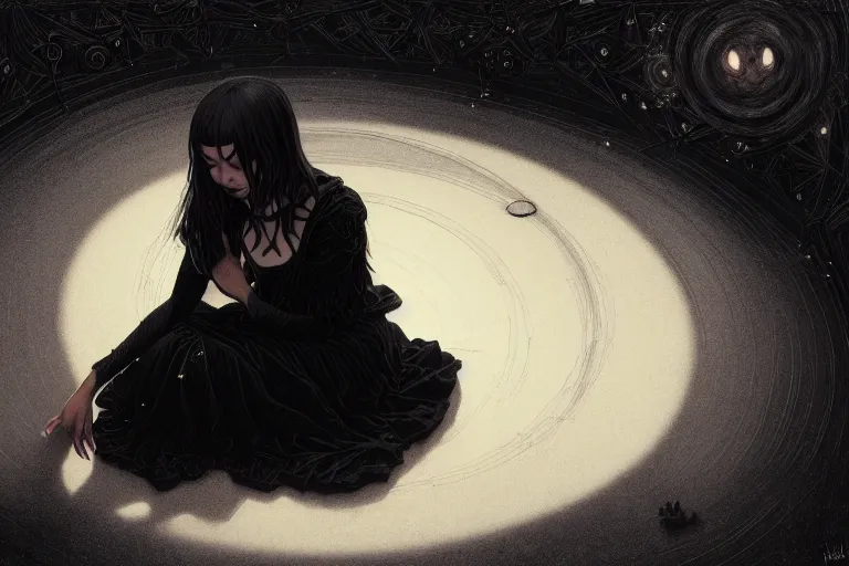 Prompt: high angle picture of a black dress witch sitting on the floor and researching about the azathoth, extremely beautiful and aesthetic and detailed cute face, very huge magic circles on the hand, cute devil besides, in the magic maximalist room, chiaroscuro, intricate, masterpiece, fantasy illustrations by ilya kuvshinov and jeremy lipking and quentin mabille