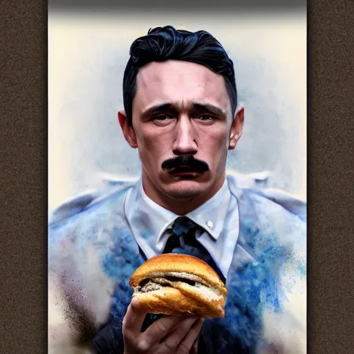 Image similar to hyperrealistic mixed media high resolution painting of James Franco disguised as Adolf Hitler eating a bagel, stunning 3d render inspired art by István Sándorfi and Greg Rutkowski and Unreal Engine, perfect facial symmetry, dim volumetric lighting, 8k octane beautifully detailed render, full body shot, post-processing, extremely hyper-detailed, intricate, epic composition, highly detailed attributes, highly detailed atmosphere, cinematic lighting, masterpiece, trending on artstation, very very detailed, masterpiece, stunning, flawless structure, lifelike texture, perfection,