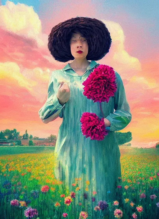 Image similar to portrait of a woman with a giant carnation as a face, flower field, surreal photography, sunset dramatic light, impressionist painting, colorful clouds, blue sky, digital painting, artstation, simon stalenhag