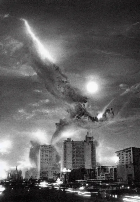 Image similar to Pulgasari the North Korean starfish monster destroying Pyongyang city, volumetric lighting, filmstill, produced by Kim Jong-il, Kodachrome, kaiju-eiga, monster movie, communist propaganda, film noir, 35mm film grain, Cooke Varotal 20-100mm T3.1, monochrome, in the style of Ishirō Honda and Akira Kurosawa