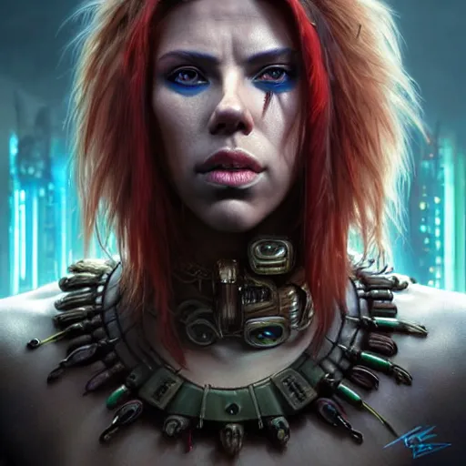 Image similar to portrait painting of a cyberpunk orc shaman extremely muscular ugly scarlett johansson with misshapen teeth, ultra realistic, concept art, intricate details, eerie, highly detailed, photorealistic, octane render, 8 k, unreal engine. art by artgerm and greg rutkowski and charlie bowater and magali villeneuve and alphonse mucha