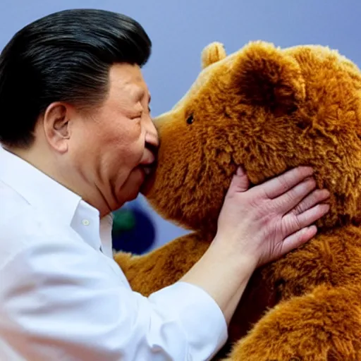 Image similar to a still of xi jinping kissing a teddy bear