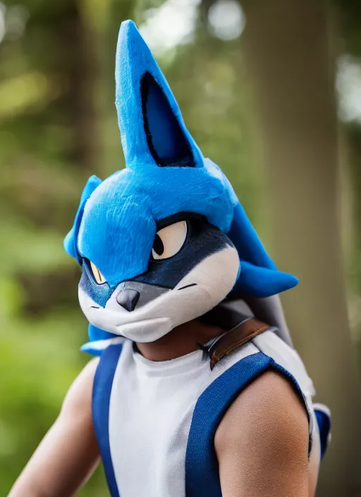 Image similar to portrait photo still of real life pokemon character lucario, 8 k, 8 5 mm f 1. 8